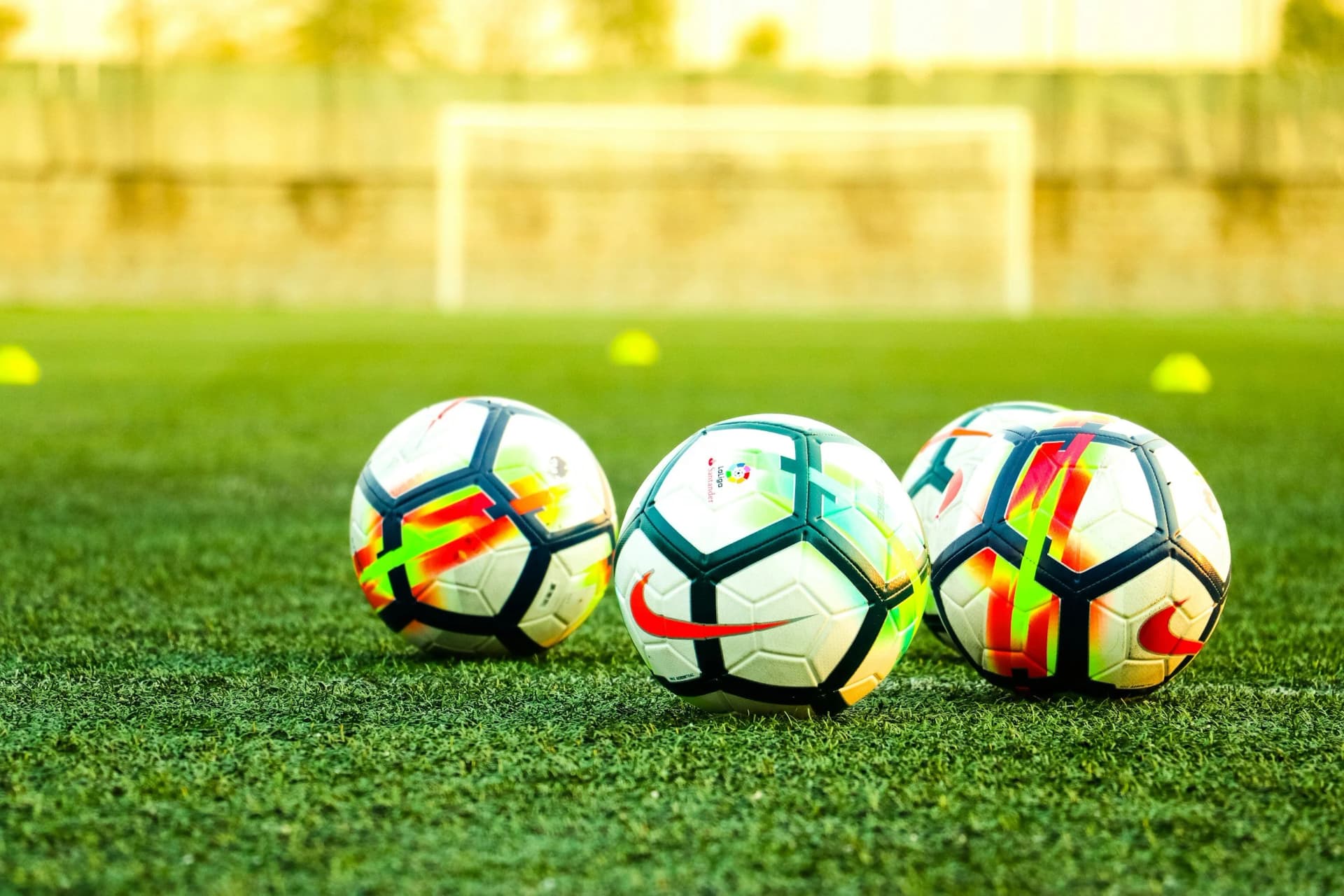 Soccer balls on artificial turf near a goal